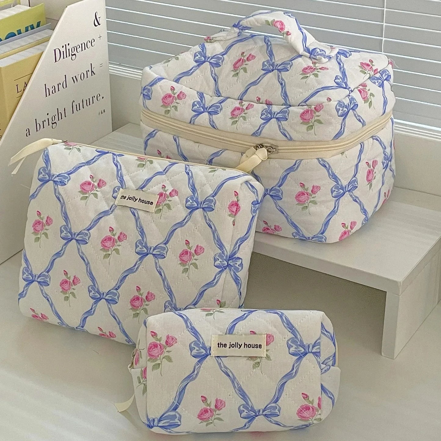 Cute Bow Flower Quilting Cotton Makeup Bag Women