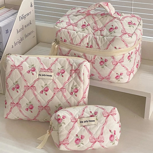 Cute Bow Flower Quilting Cotton Makeup Bag Women