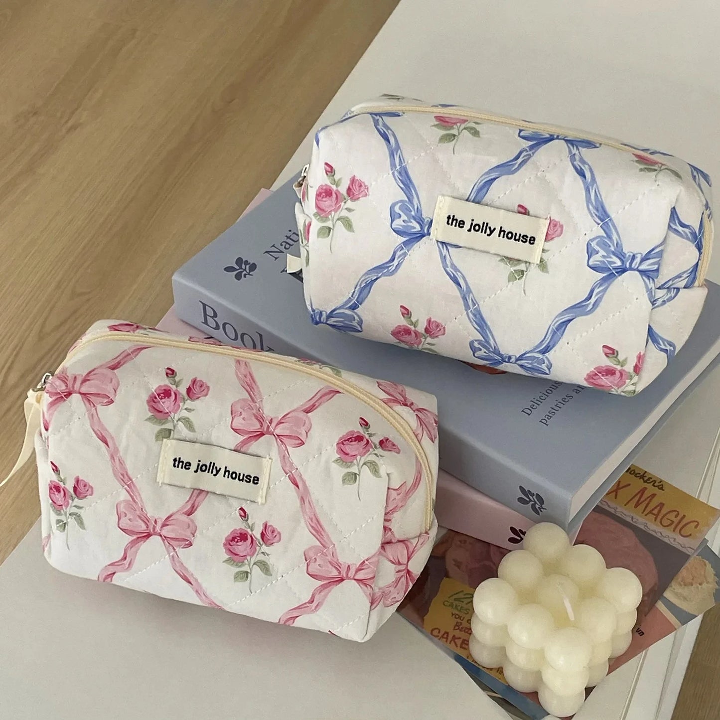 Cute Bow Flower Quilting Cotton Makeup Bag Women