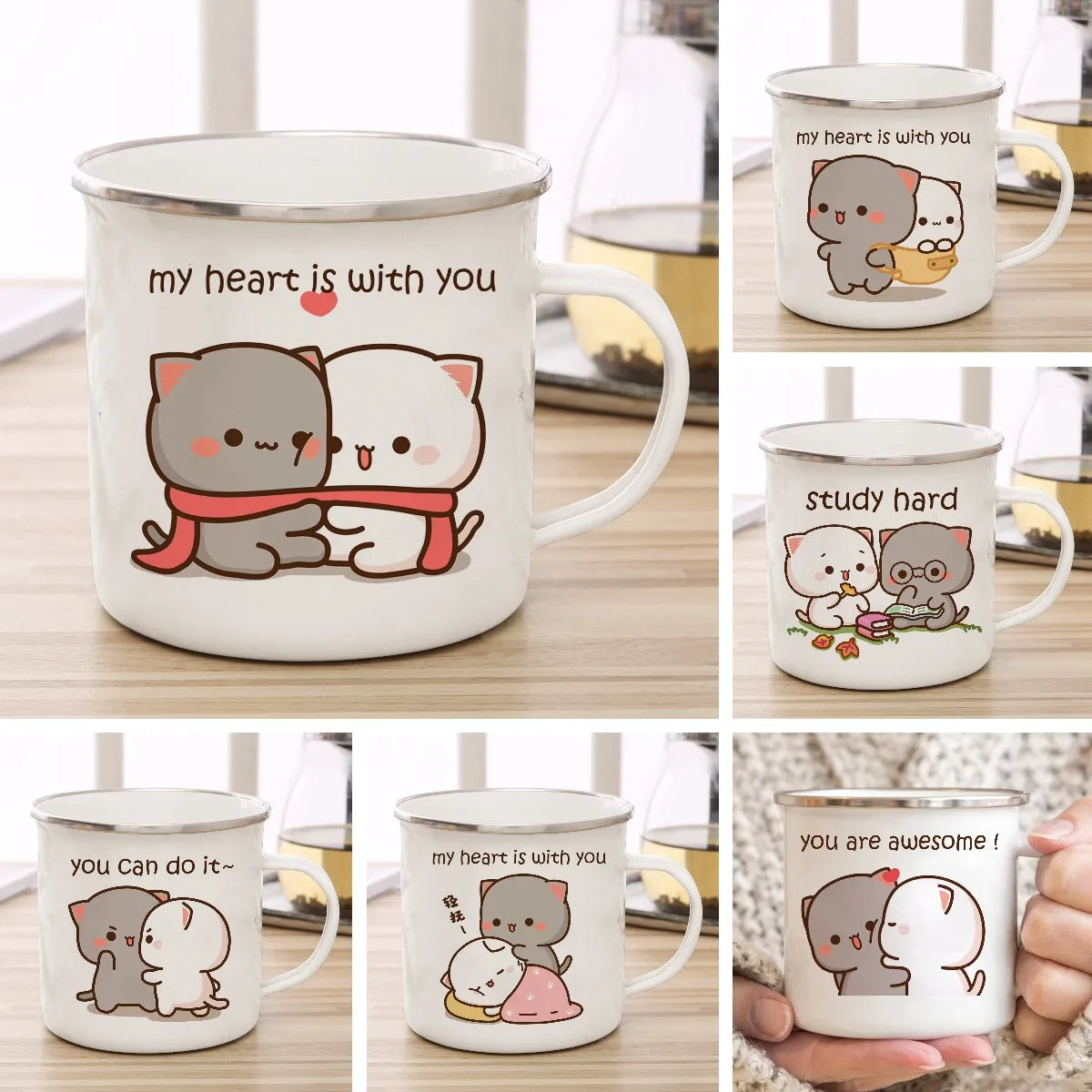 New Peach and Goma cat Enamel cup Coffee tea Mug