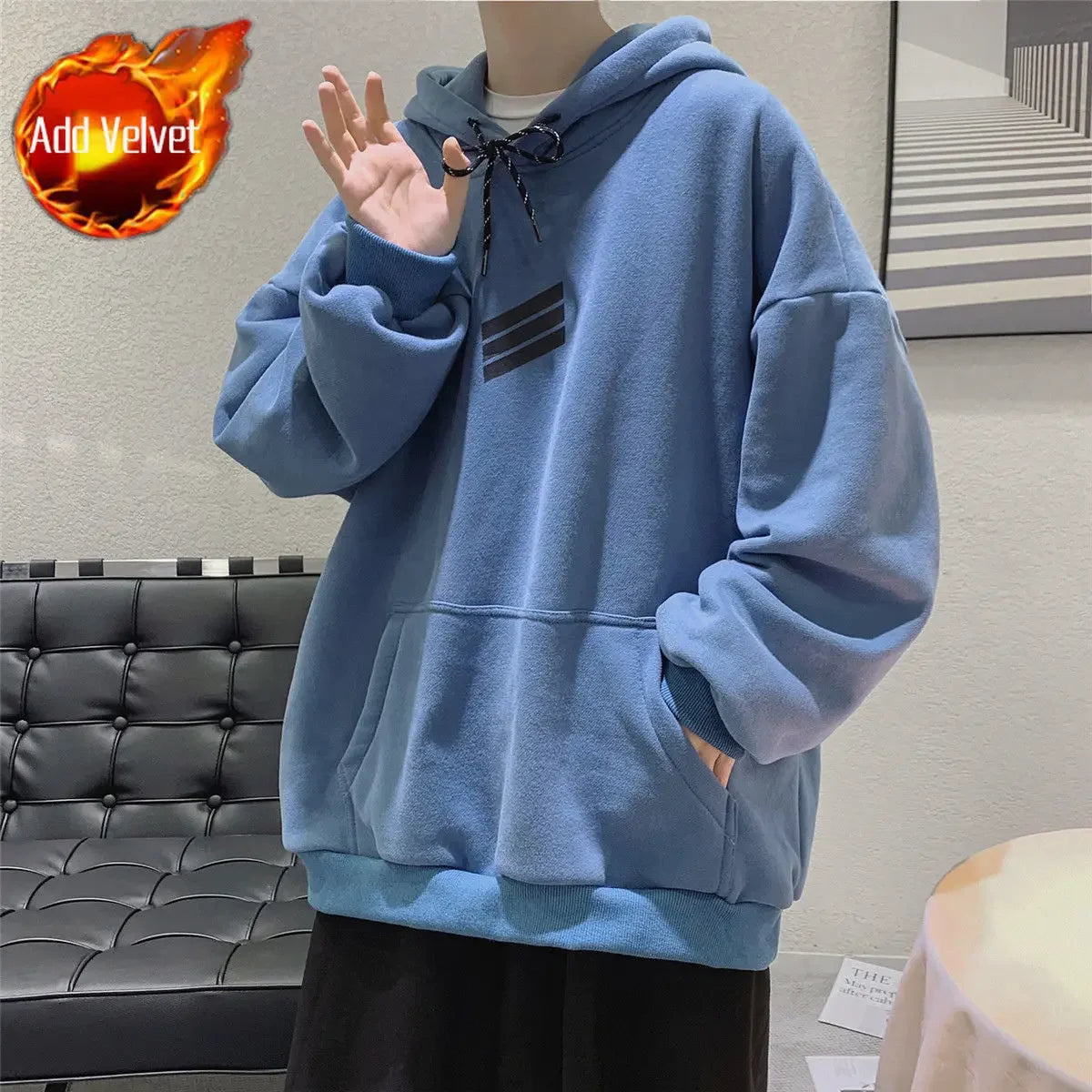 Hoodies Male Clothes Hip Hop Hooded Blue Sweatshirt For Men Emo Warm High Quality