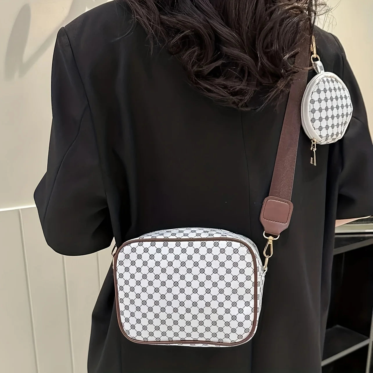 Geometric Pattern Crossbody Bag Set, Trendy